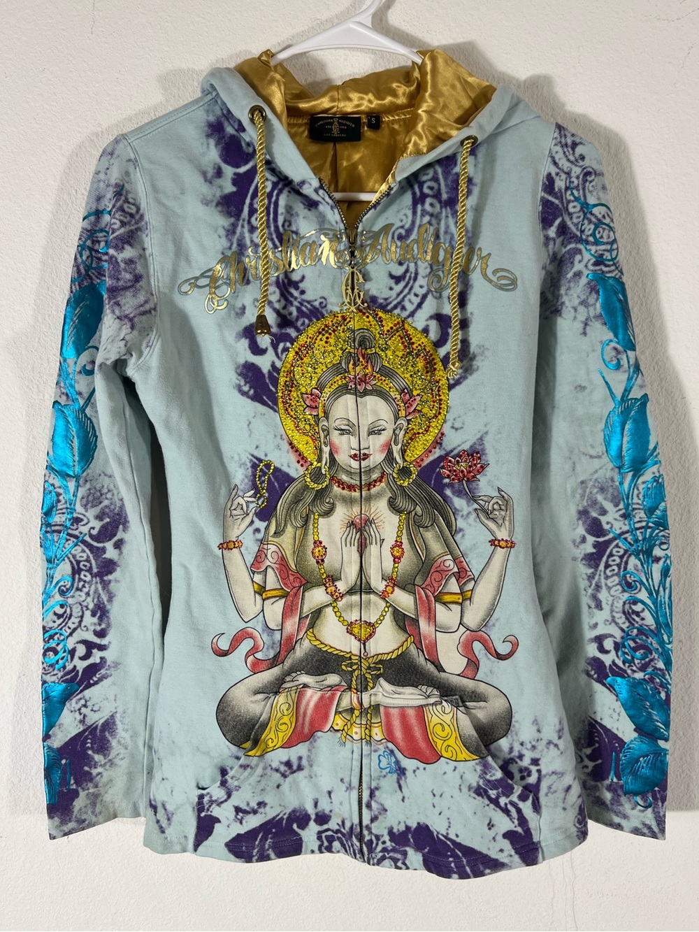 Vintage Christian Audigier Buddha Rhinestone Tattoo Art Zip Hoodie